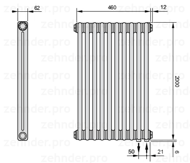 Схема (чертеж) Радиатор Zehnder Charleston 2200/10 №5510 Белый глянцевый RAL 9016